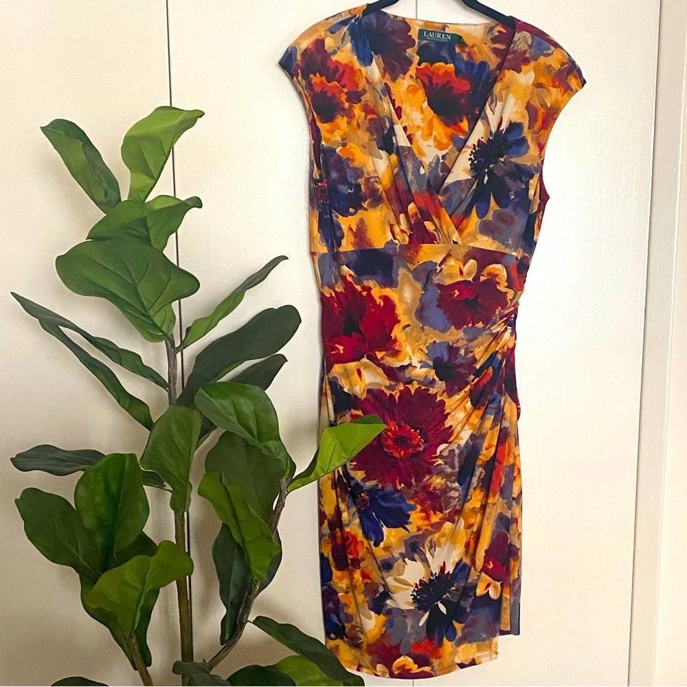 Ralph Lauren Floral Faux Wrap Jersey Sheath Cocktail Dress Size 10